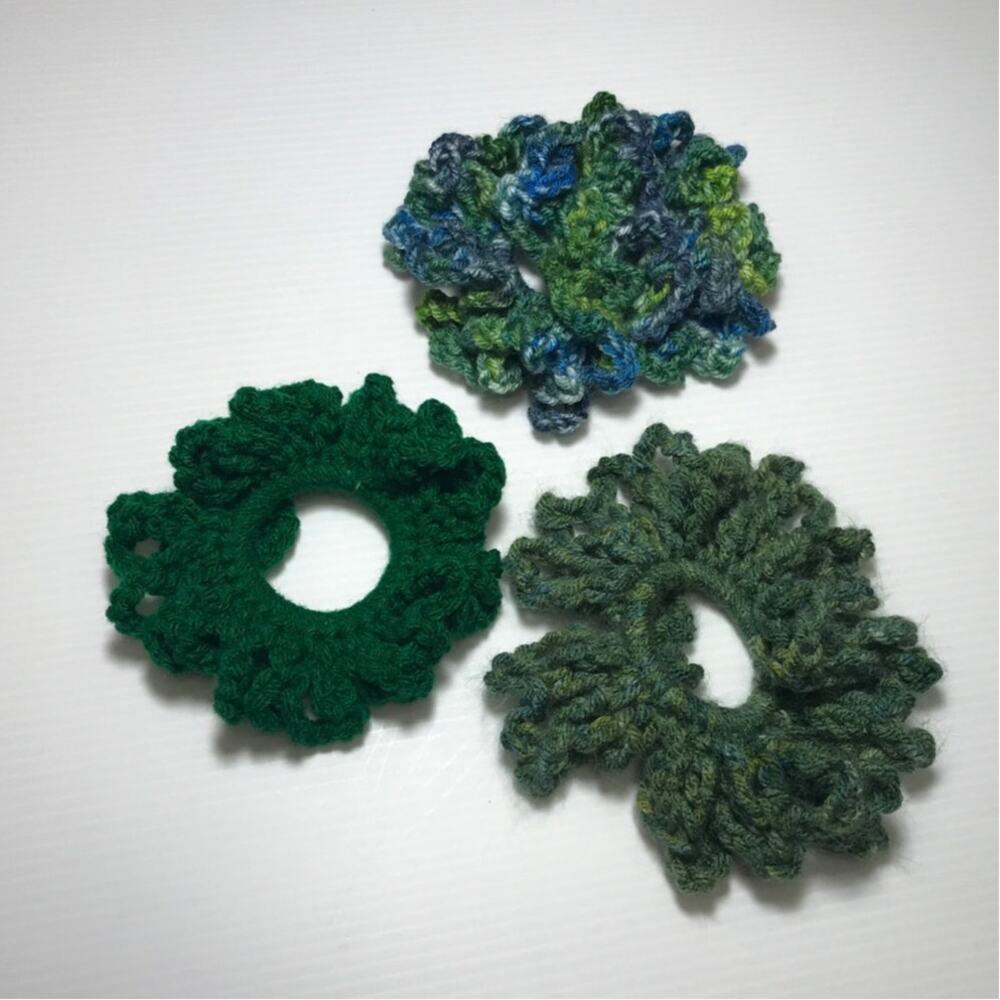 NWT Green Blue Handmade Crocheted Hair Scrunchie Set of 3